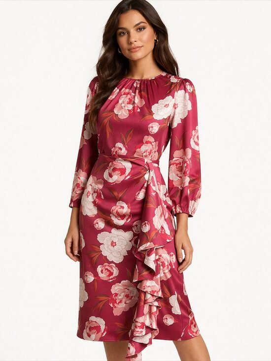 Eliza J Dresses & Skirts - ELIZA J Raspberry Floral Dress with Ruffle Detail Size 8 Cocktail Party